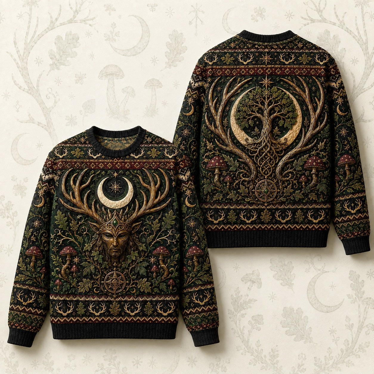 Horned God Sweater Antler Tree Crescent Forest Pagan Knit front and back together