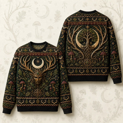 Horned God Sweater Antler Tree Crescent Forest Pagan Knit front and back together