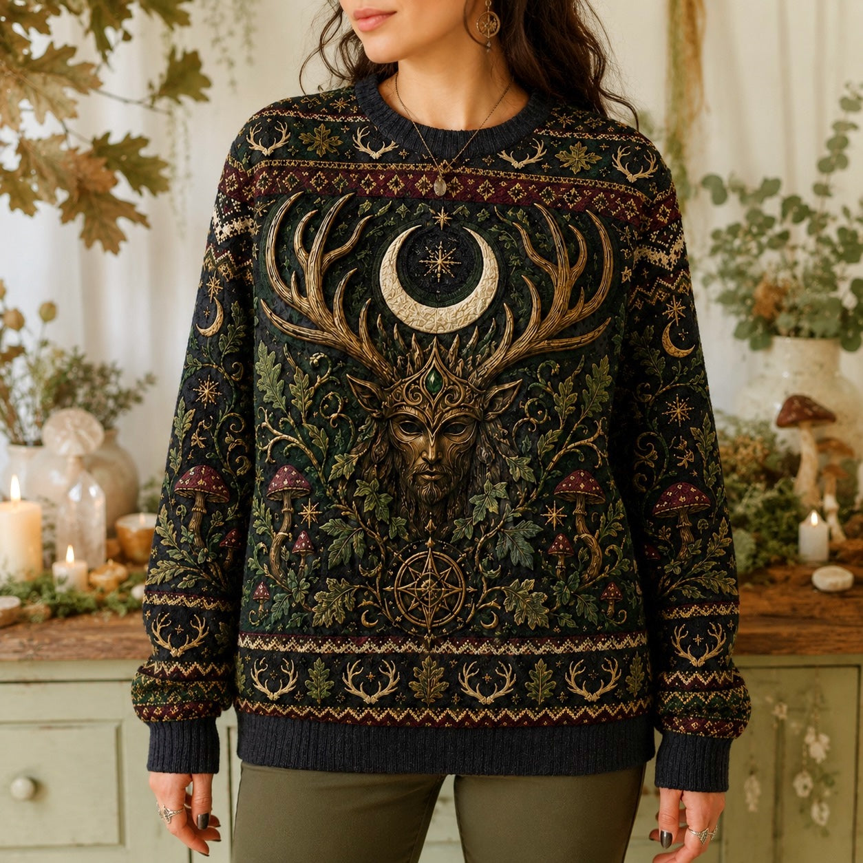 Horned God Sweater Antler Tree Crescent Forest Pagan Knit worn, front view