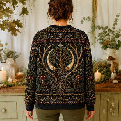 Horned God Sweater Antler Tree Crescent Forest Pagan Knit worn, back view