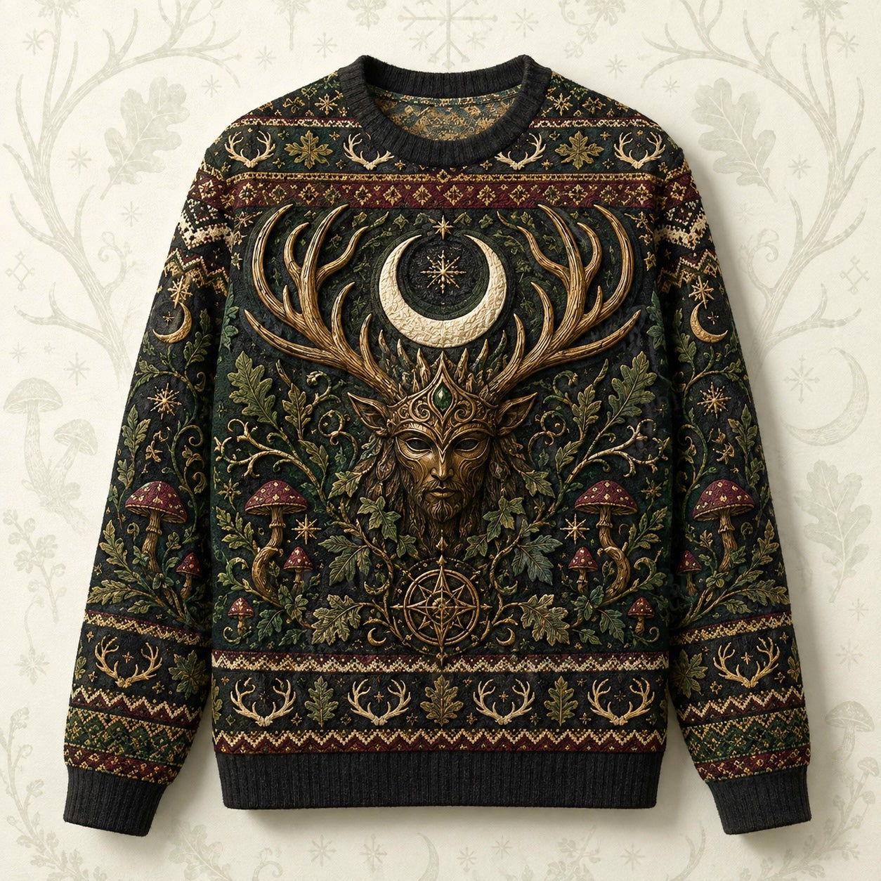 Horned God Sweater Antler Tree Crescent Forest Pagan Knit front view