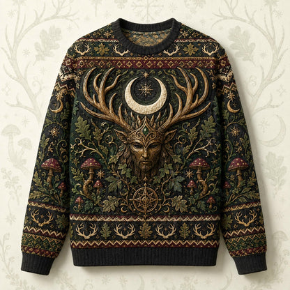 Horned God Sweater Antler Tree Crescent Forest Pagan Knit front view