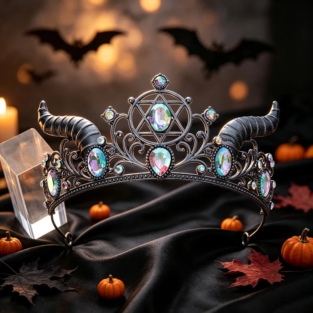 Horned Pentagram Tiara Crown Gothic Witch Metal Headband-MoonChildWorld