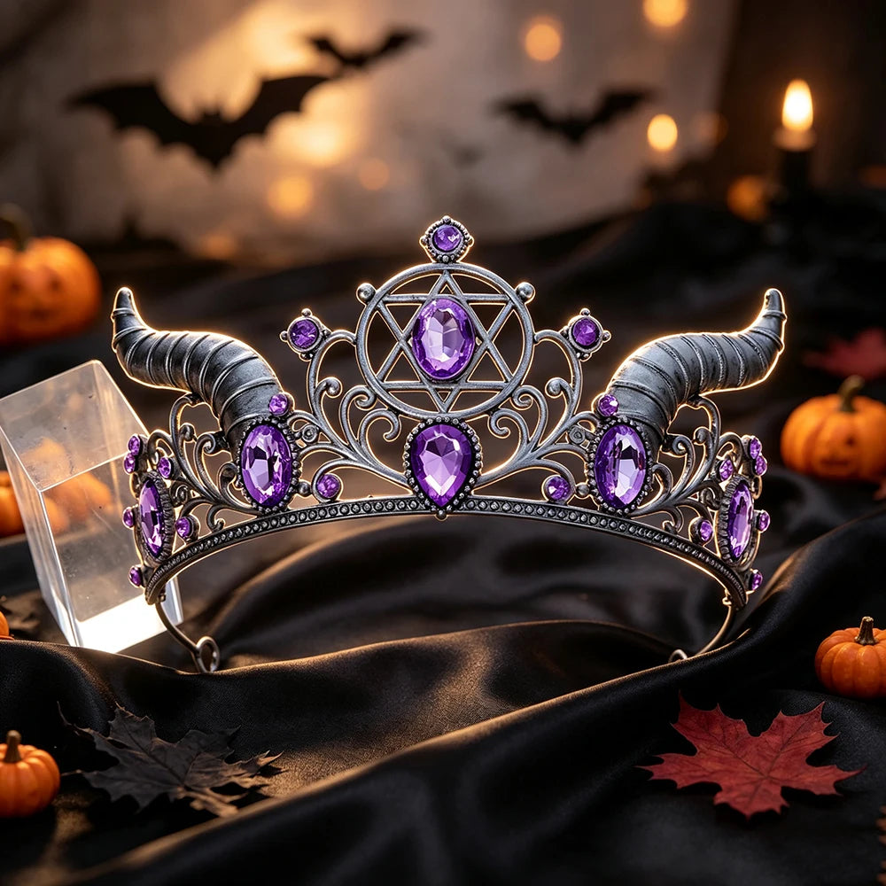Horned Pentagram Tiara Crown Gothic Witch Metal Headband-MoonChildWorld