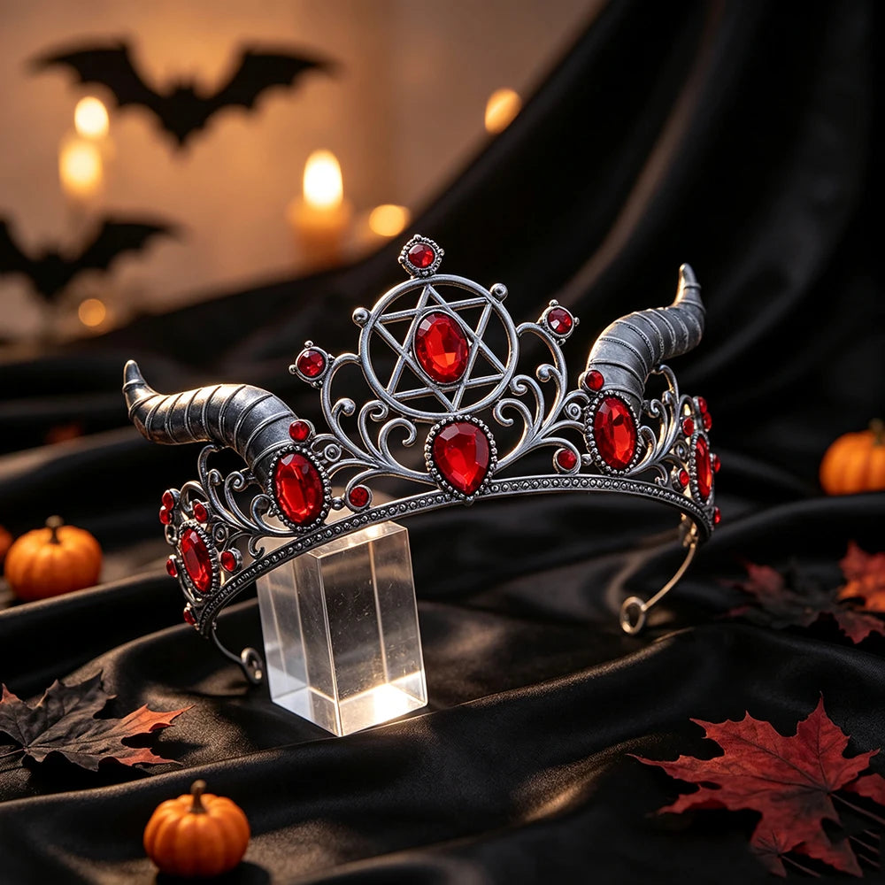 Horned Pentagram Tiara Crown Gothic Witch Metal Headband-MoonChildWorld