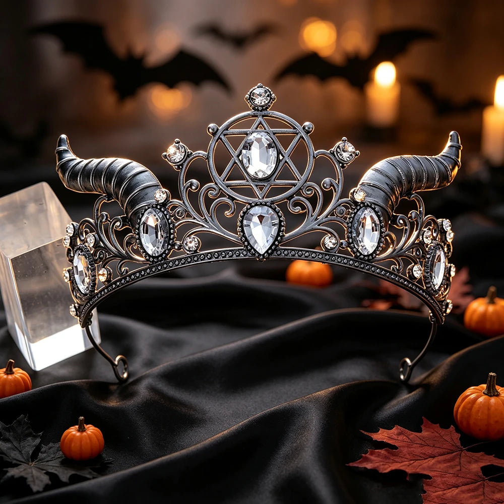 Horned Pentagram Tiara Crown Gothic Witch Metal Headband-MoonChildWorld