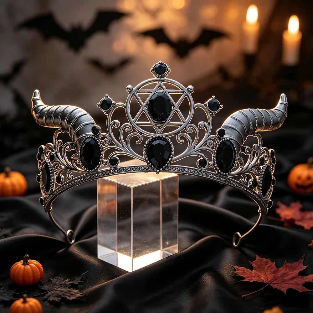 Horned Pentagram Tiara Crown Gothic Witch Metal Headband-MoonChildWorld