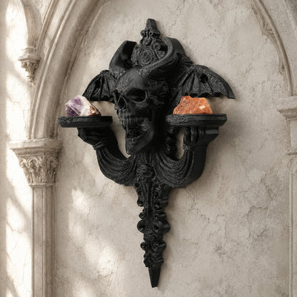 Horned Skull and Bat Wall Shelf Gothic Resin Double Tray Rack-MoonChildWorld