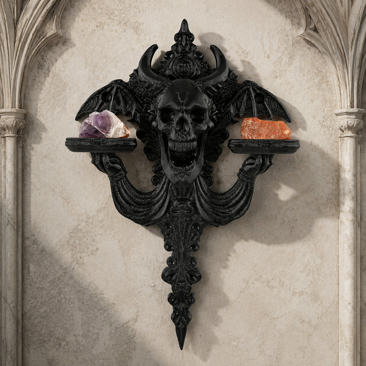 Horned Skull and Bat Wall Shelf Gothic Resin Double Tray Rack-MoonChildWorld