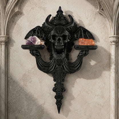 Horned Skull and Bat Wall Shelf Gothic Resin Double Tray Rack-MoonChildWorld