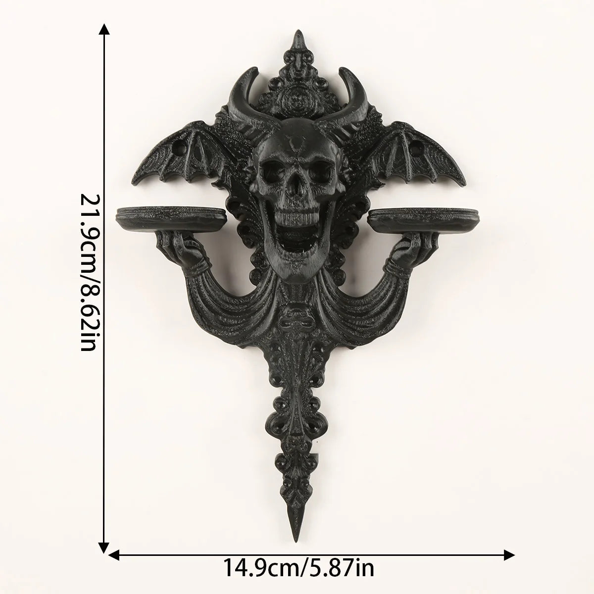 Horned Skull and Bat Wall Shelf Gothic Resin Double Tray Rack-MoonChildWorld