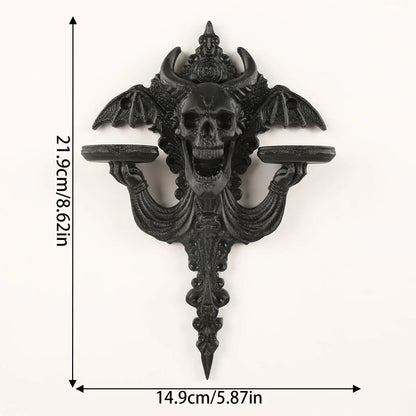 Horned Skull and Bat Wall Shelf Gothic Resin Double Tray Rack-MoonChildWorld