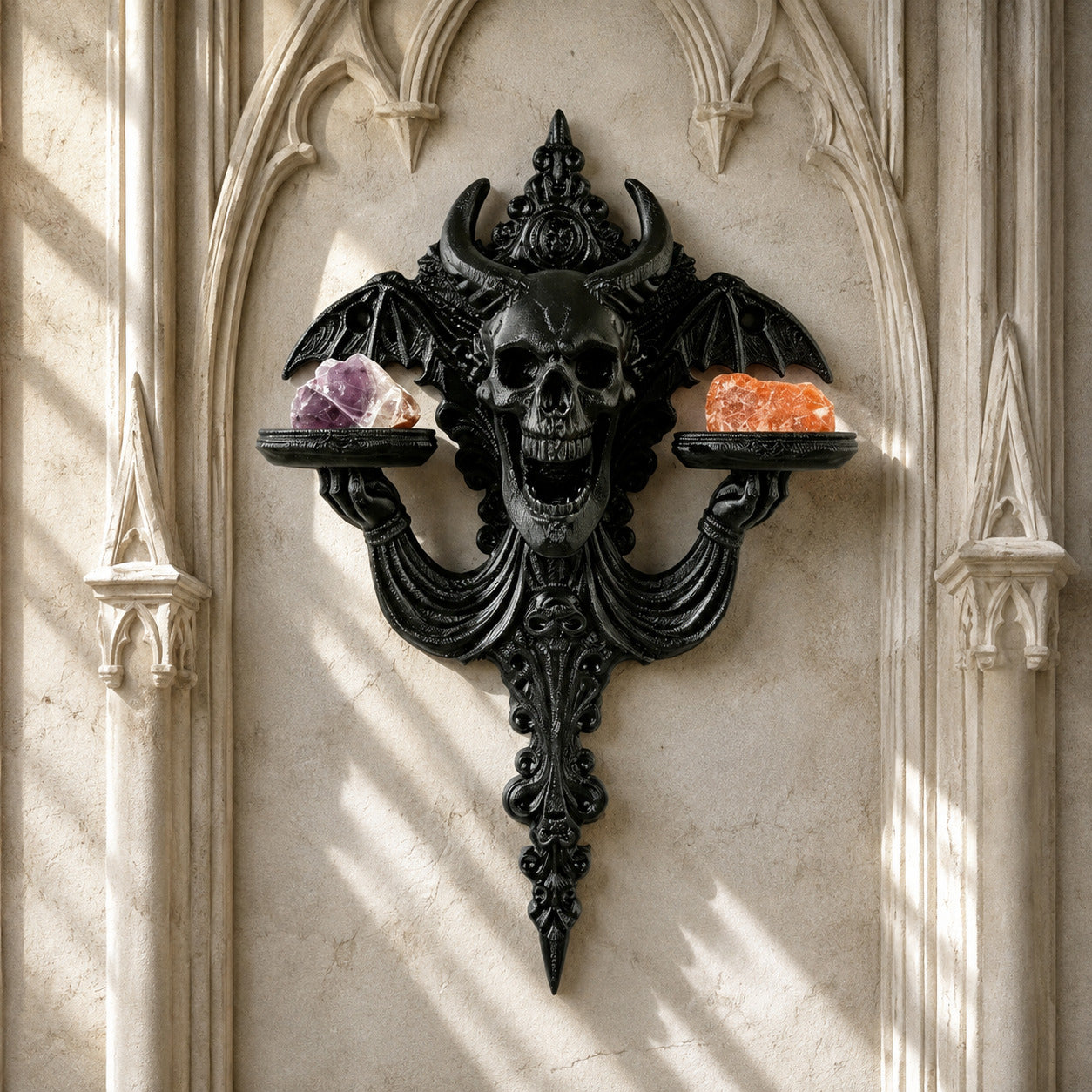 Horned Skull and Bat Wall Shelf Gothic Resin Double Tray Rack-MoonChildWorld