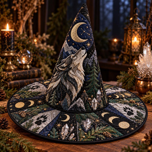 Howling Wolf Quilted Witch Hat – Moon Phase Pine Pagan Wide Brim Hat – styled with candles and crystals