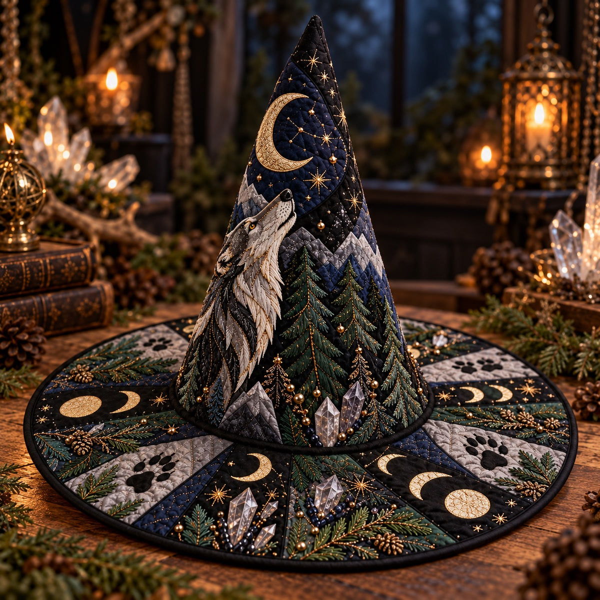 Howling Wolf Quilted Witch Hat – Moon Phase Pine Pagan Wide Brim Hat – styled with candles and crystals