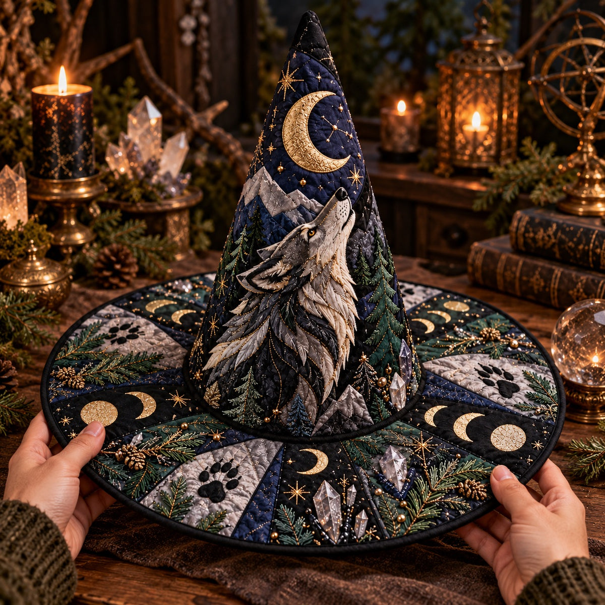 Howling Wolf Quilted Witch Hat – Moon Phase Pine Pagan Wide Brim Hat – held in both hands