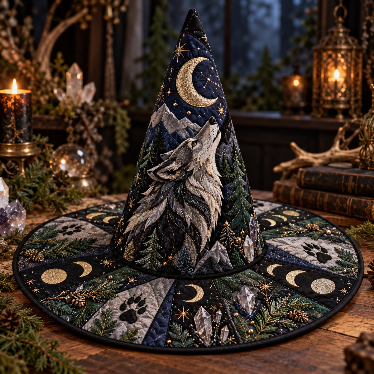 Howling Wolf Quilted Witch Hat – Moon Phase Pine Pagan Wide Brim Hat – on an altar table