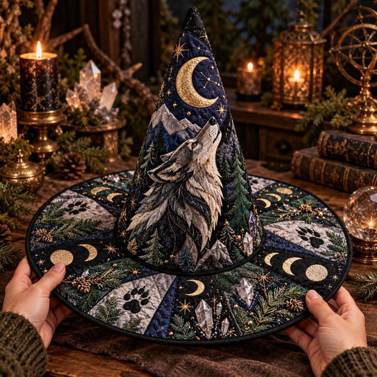 Howling Wolf Quilted Witch Hat – Moon Phase Pine Pagan Wide Brim Hat – held in both hands