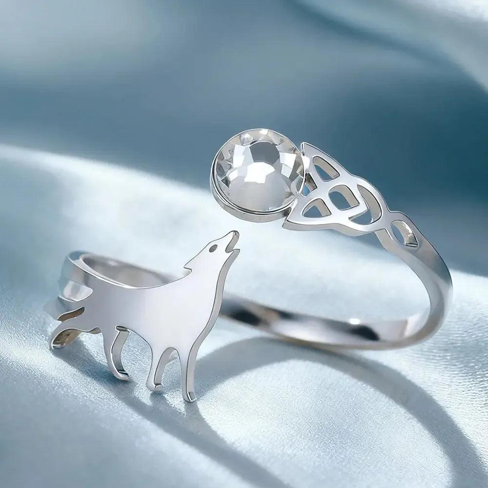 Howling Wolf Zircon Adjustable Ring Celtics Knot Wicca Pagan Jewelry-MoonChildWorld