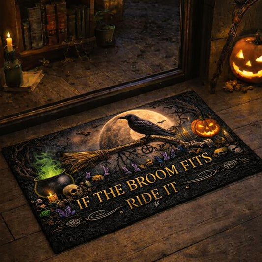 Dark crow witchy gothic doormat with "If the broom fits, ride it" text, full moon, pumpkin, and cauldron.