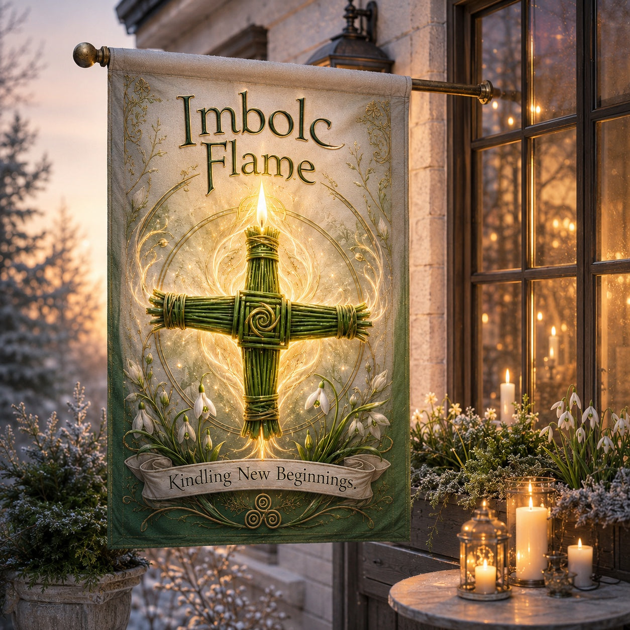 Close-up of Imbolc Flame house flag showing Brigid Cross artwork