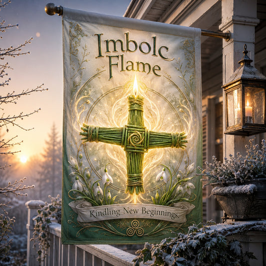 Imbolc Flame house flag with Kindling New Beginnings Brigid Cross design