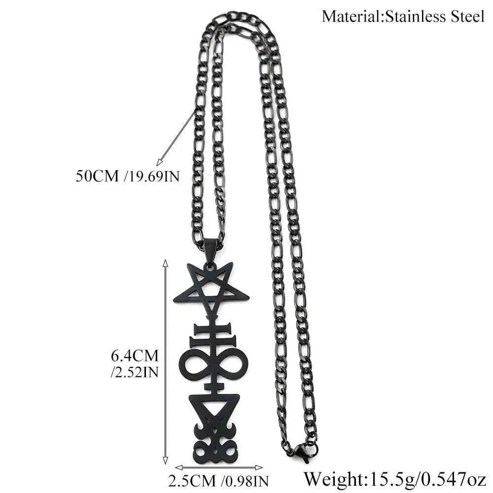 Size chart for the Inverted Pentagram Cross necklace showing a 50cm/19.69in chain, 6.4cm/2.52in pendant length, 2.5cm/0.98in pendant width, 15.5g/0.547oz weight, and stainless steel material
