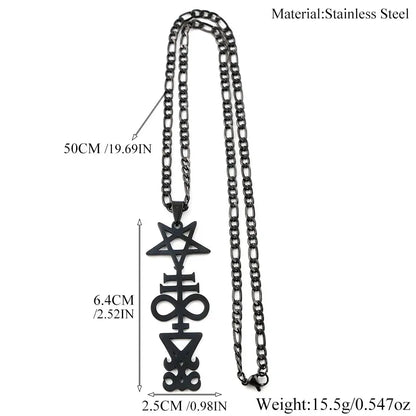 Size chart for the Inverted Pentagram Cross necklace showing a 50cm/19.69in chain, 6.4cm/2.52in pendant length, 2.5cm/0.98in pendant width, 15.5g/0.547oz weight, and stainless steel material