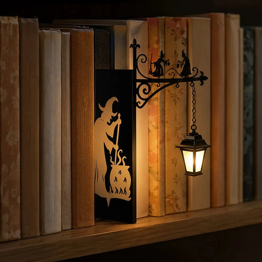 Iron witch bookend lamp wedged between colorful books on shelf