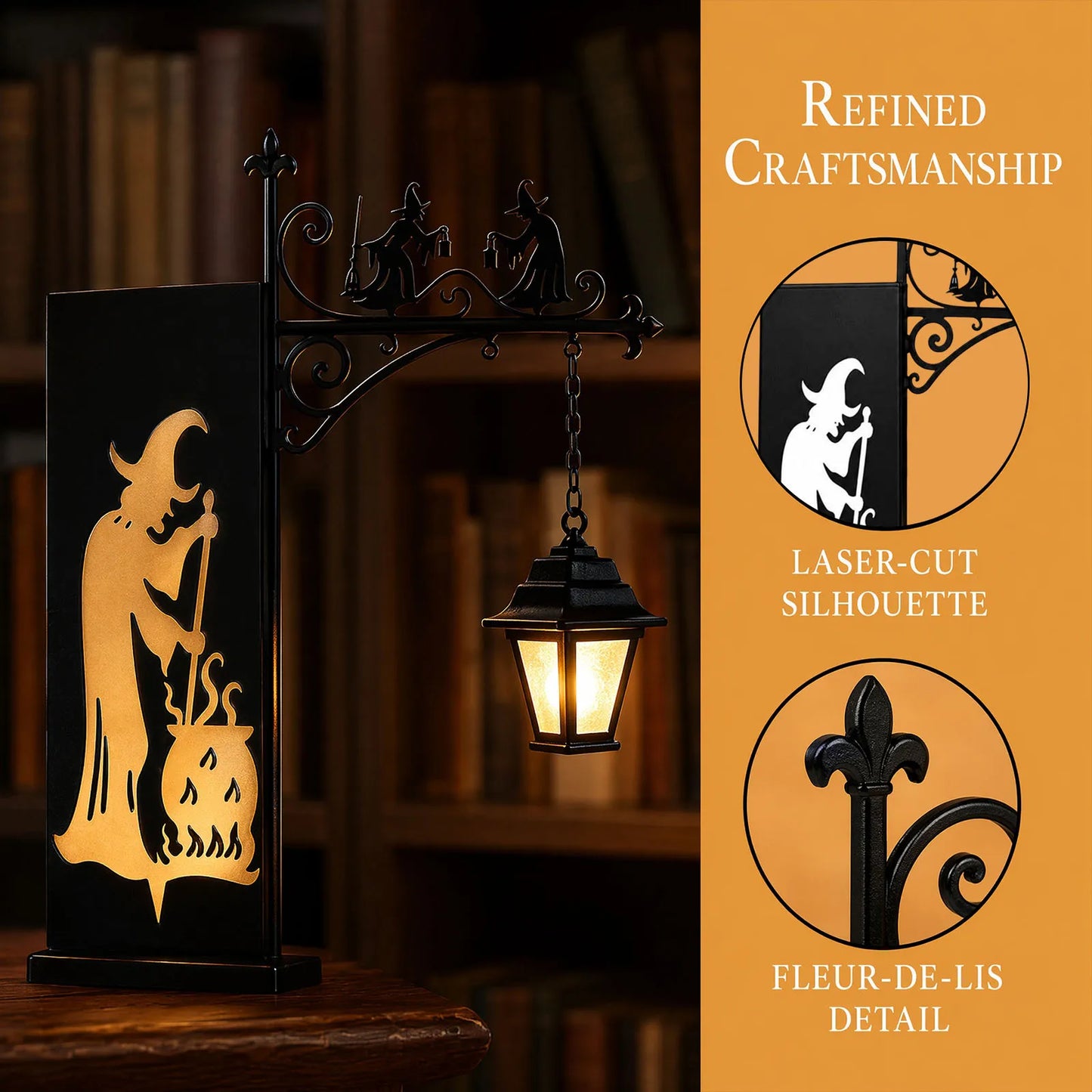 Iron witch lamp craftsmanship detail - laser cut silhouette and fleur-de-lis design
