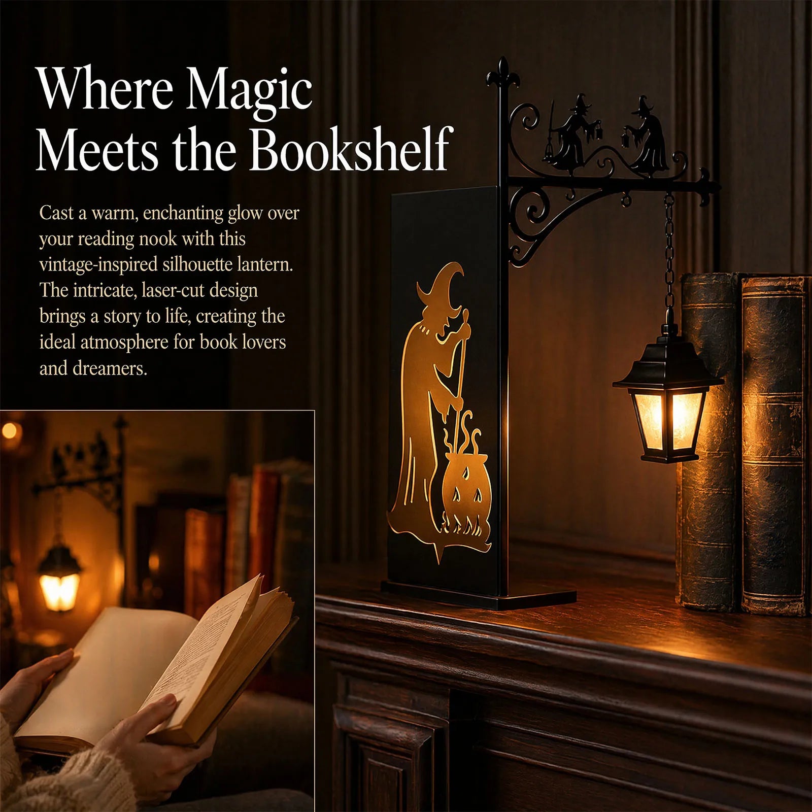 Iron witch lantern lamp banner - where magic meets the bookshelf reading nook