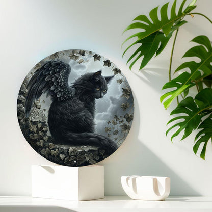 Black Cat Winged Wall Art Gothic Cat Metal Sign for Halloween-MoonChildWorld