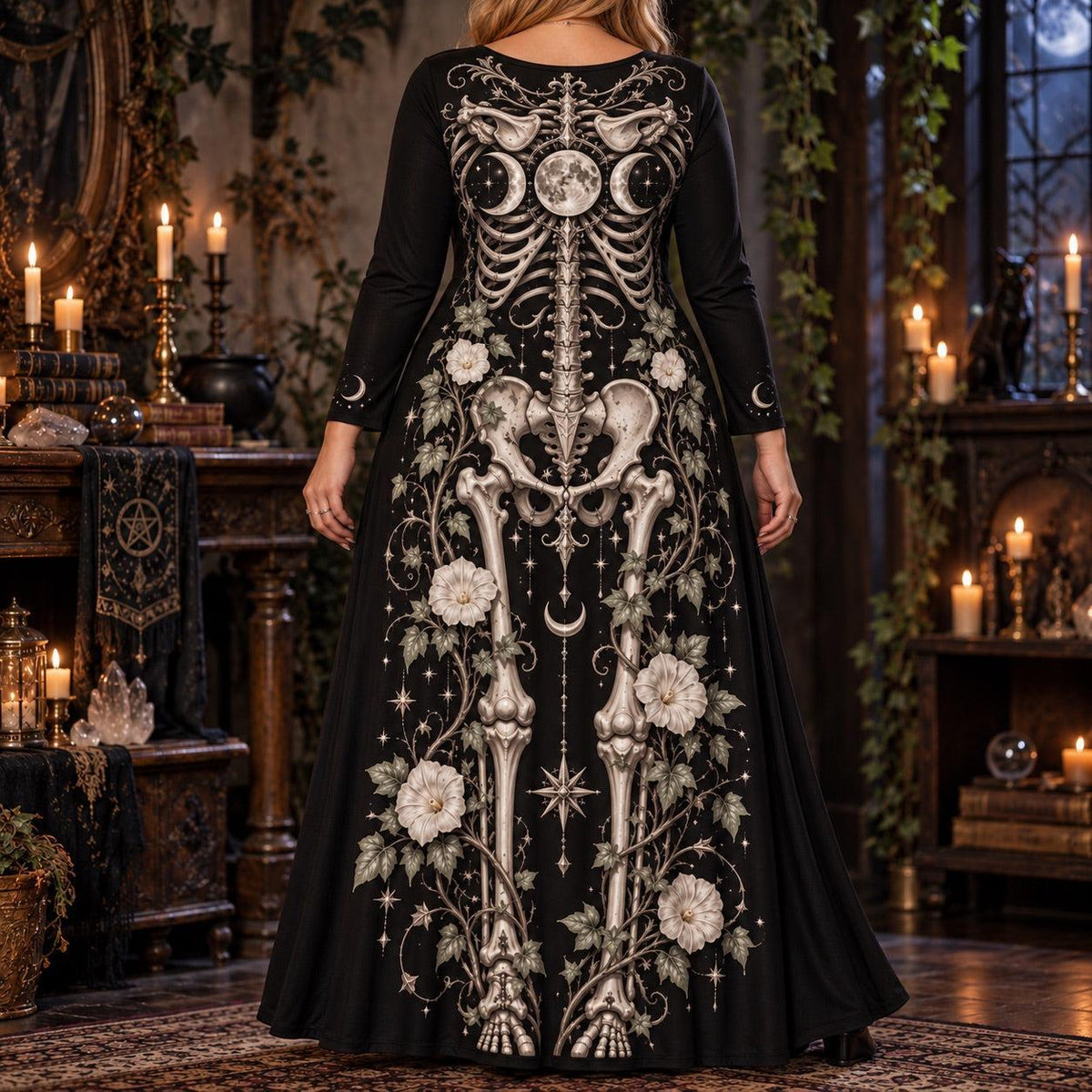 Ivy Triple Moon Skeleton Plus Size Wiccan Dress – Long Sleeve Maxi – worn, back view