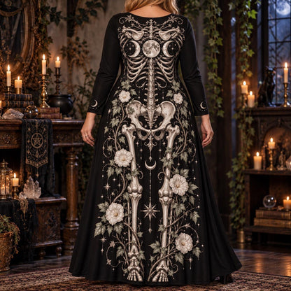 Ivy Triple Moon Skeleton Plus Size Wiccan Dress – Long Sleeve Maxi – worn, back view