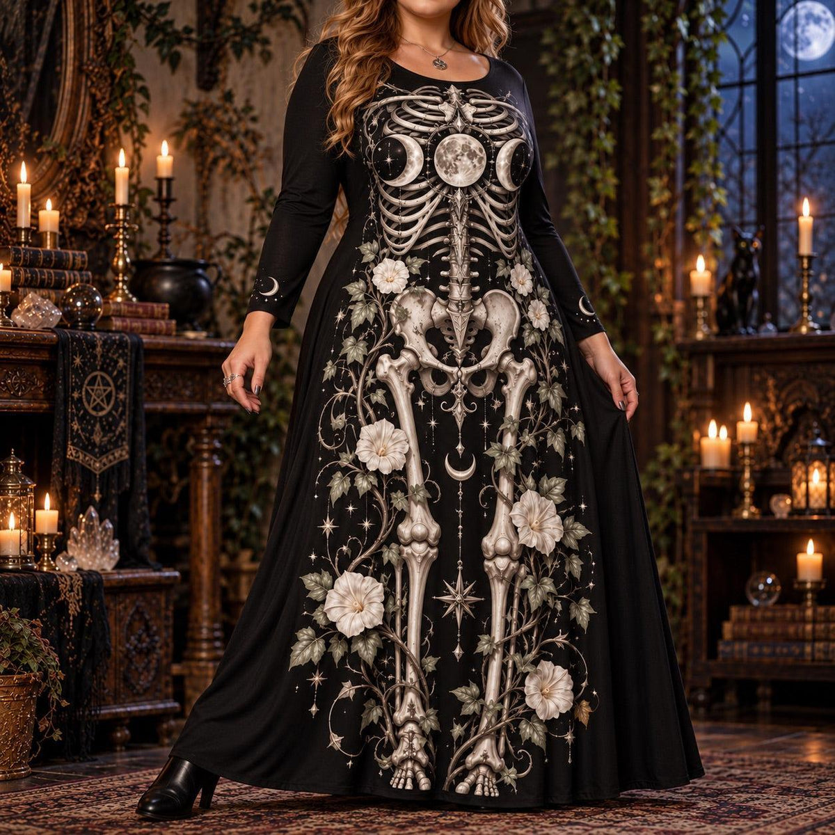 Ivy Triple Moon Skeleton Plus Size Wiccan Dress – Long Sleeve Maxi – worn, three quarter view