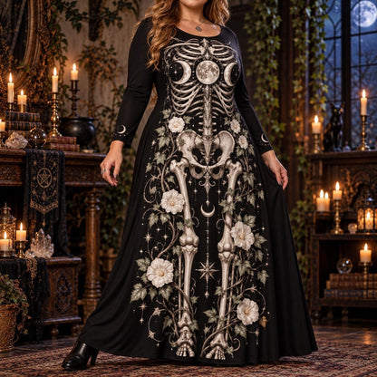 Ivy Triple Moon Skeleton Plus Size Wiccan Dress – Long Sleeve Maxi – worn, three quarter view