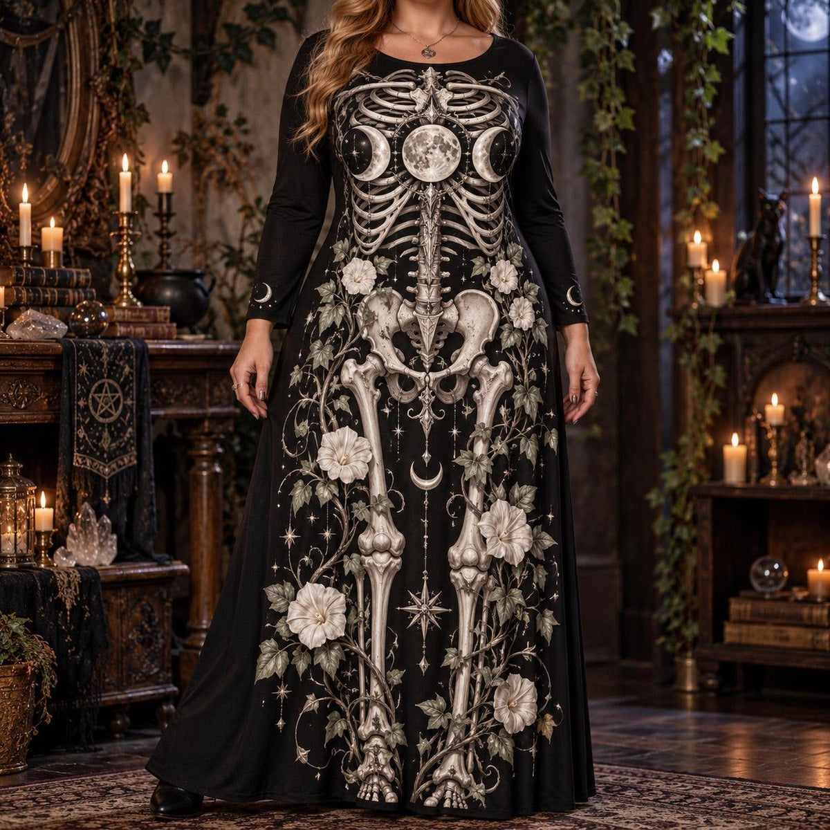 Ivy Triple Moon Skeleton Plus Size Wiccan Dress – Long Sleeve Maxi – worn, front view