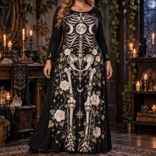 Ivy Triple Moon Skeleton Plus Size Wiccan Dress – Long Sleeve Maxi – worn, front view