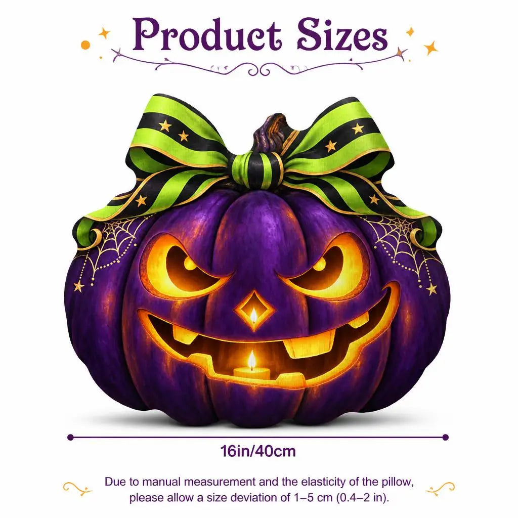 Size guide showing 16 inch / 40 cm: decorative plush pillow featuring jack-o-lantern pumpkin artwork