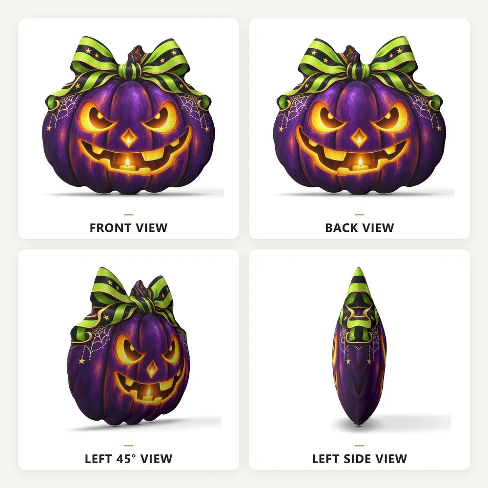 Front, back and side views: decorative plush pillow featuring jack-o-lantern pumpkin artwork