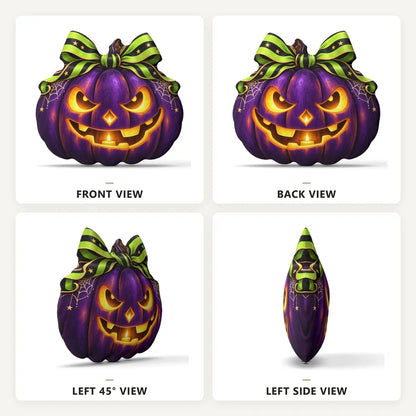 Front, back and side views: decorative plush pillow featuring jack-o-lantern pumpkin artwork