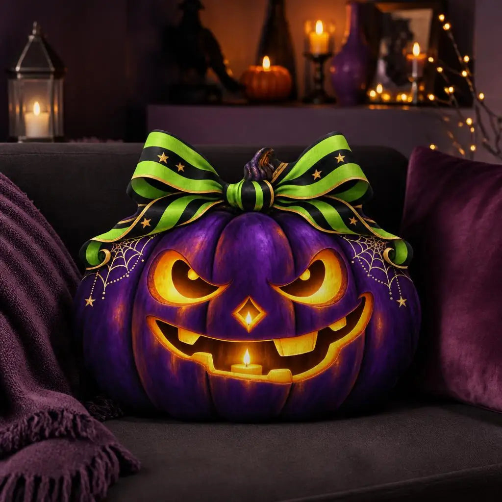Styled room view: decorative plush pillow featuring jack-o-lantern pumpkin artwork