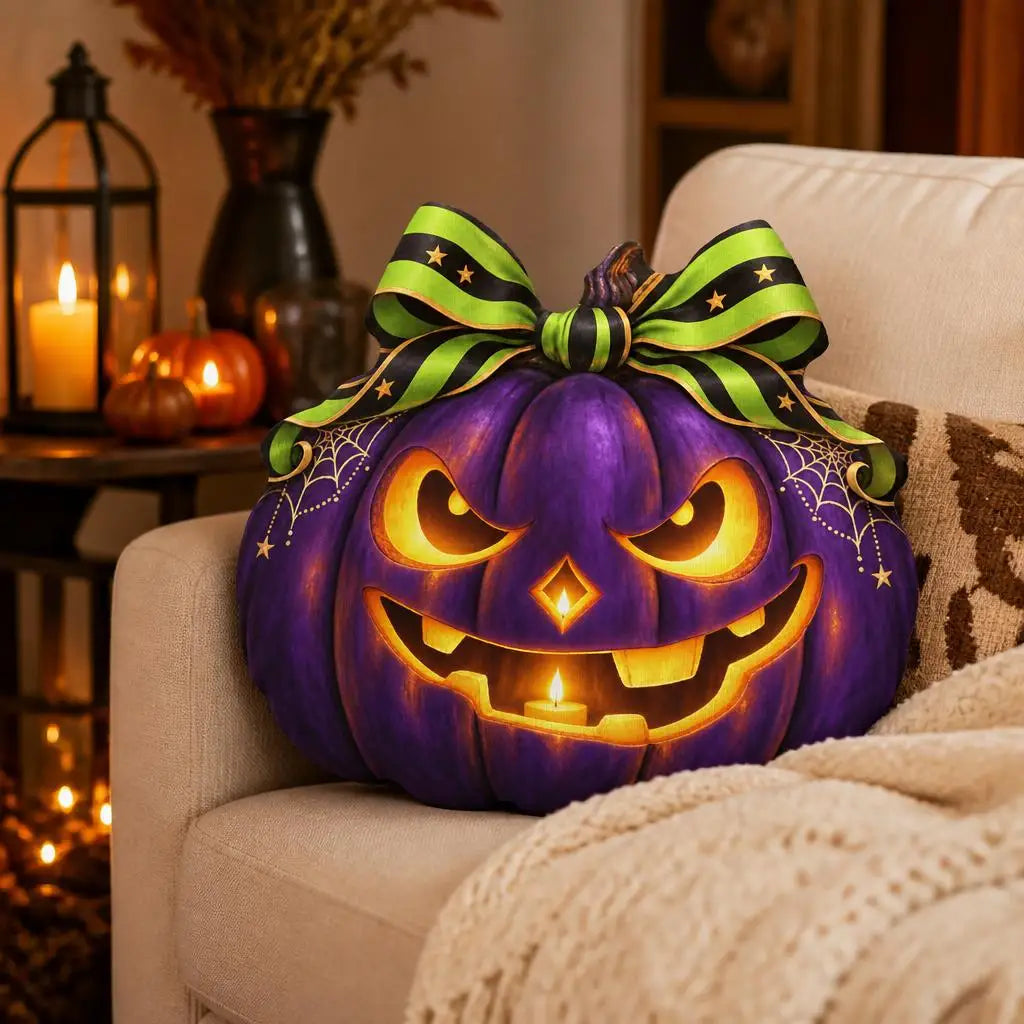 Alternate styled room view: decorative plush pillow featuring jack-o-lantern pumpkin artwork