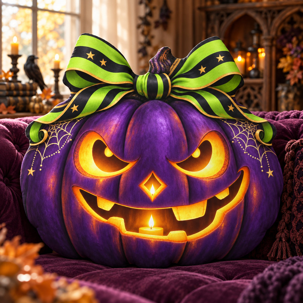 Jack O Lantern Pumpkin Plush Pillow in a witchy room