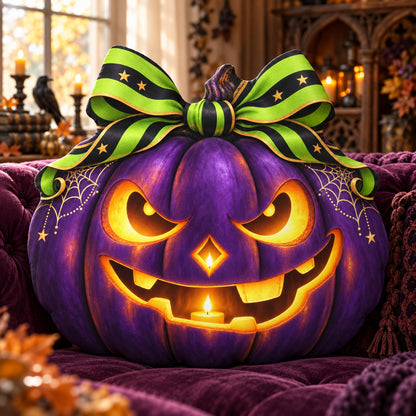 Jack O Lantern Pumpkin Plush Pillow in a witchy room
