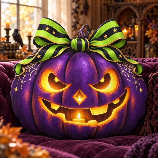 Jack O Lantern Pumpkin Plush Pillow in a witchy room