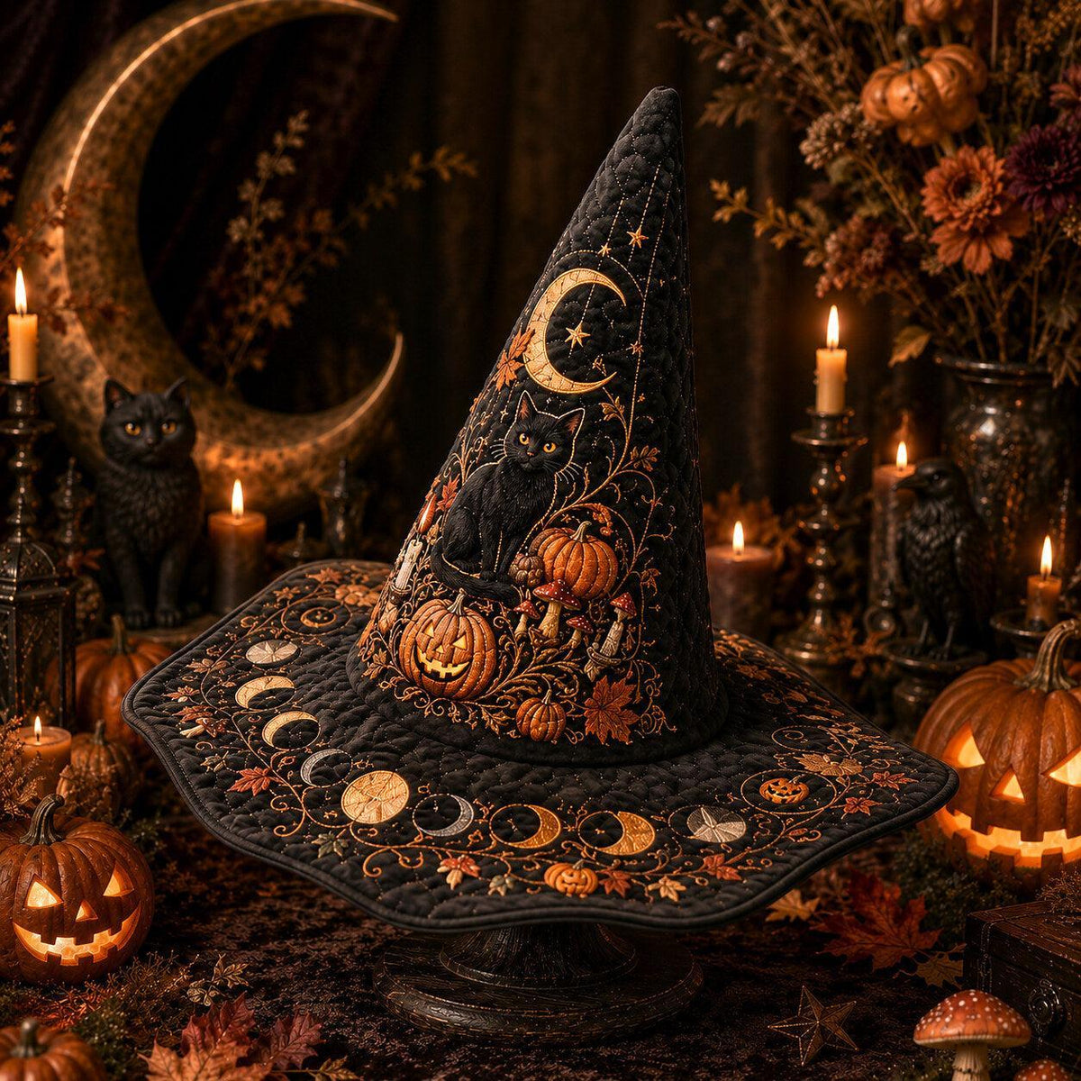 Jack O Lantern Witch Hat – Black Cat Halloween Wide Brim Hat – quilting and print detail