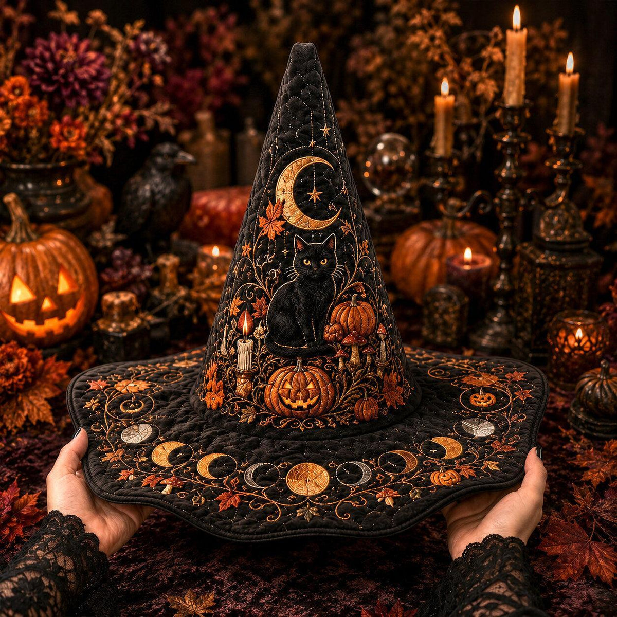 Jack O Lantern Witch Hat – Black Cat Halloween Wide Brim Hat – held in both hands