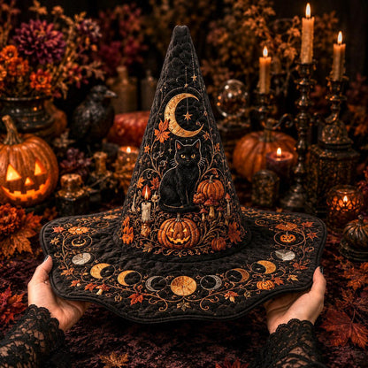 Jack O Lantern Witch Hat – Black Cat Halloween Wide Brim Hat – held in both hands