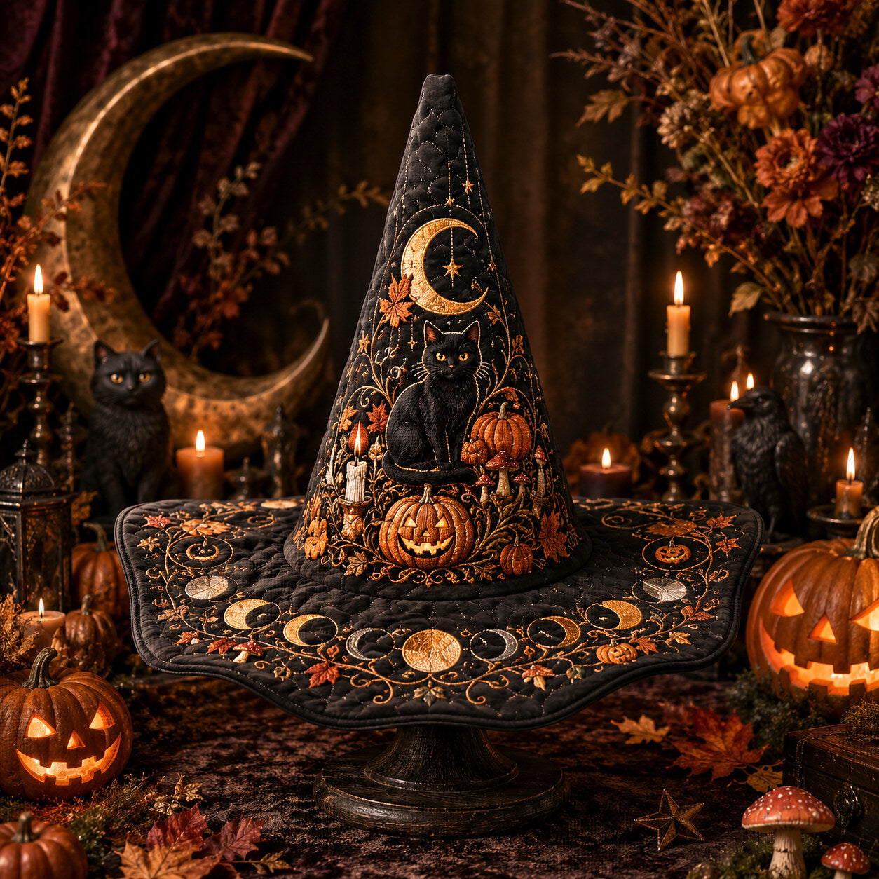 Jack O Lantern Witch Hat – Black Cat Halloween Wide Brim Hat – on an altar table